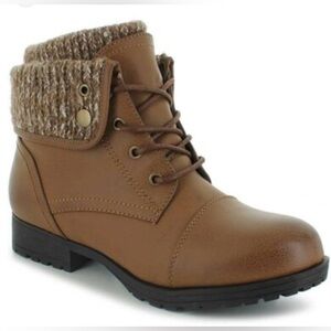 Cognac Brown Ankle Boots Sz 9.5M Fold Over Collar Faux Leather Jessica Cline